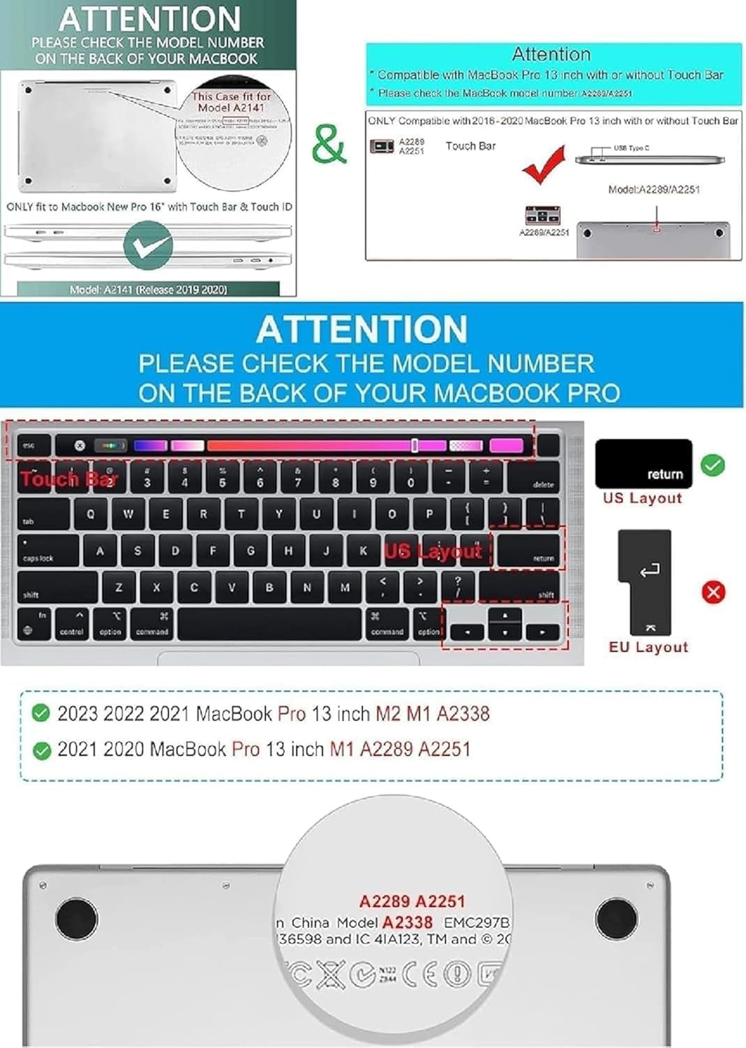 Ultra Thin Clear Keyboard Cover for 2020-2024 New Macbook Pro 13 Inch Model A2338 M2 M1 A2289 A2251 & 2020 2019 Macbook Pro 16 Inch Model A2141 with Touch Bar & Touch ID Keyboard Skin Protector Cover